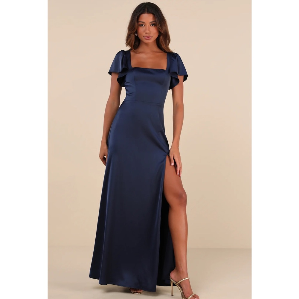 Lulus Ultimate Sweetness Navy Blue Satin Flutter Sleeve Maxi Dress NWT XS